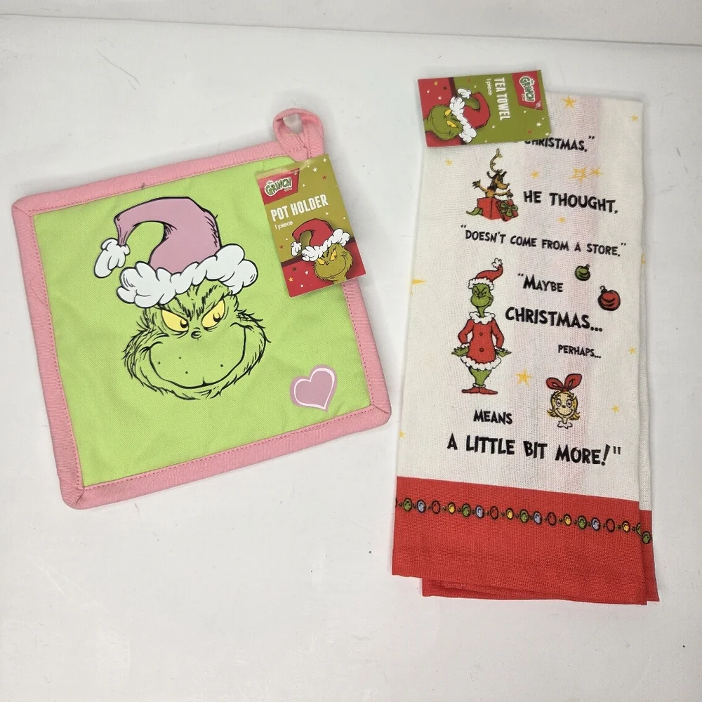 Dr. Seuss Grinch Pot Holder and Tea Towel‎ Set Christmas Green and Pink